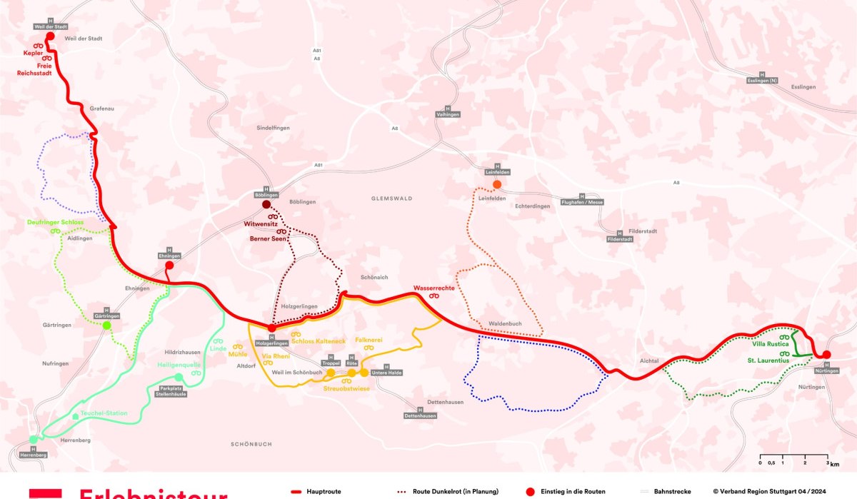 Karte der Erlebnistour in der Region Stuttgart mit Haupt- und Nebenrouten, markierten Sehensw&uuml;rdigkeiten und geplanten Strecken., &copy; Verband Region Stuttgart