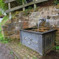 Ein historischer Brunnen mit fließendem Wasser, eingebaut in eine Steinmauer. Der Brunnen hat dekorative Verzierungen., © Bürgerausschuss WHSO