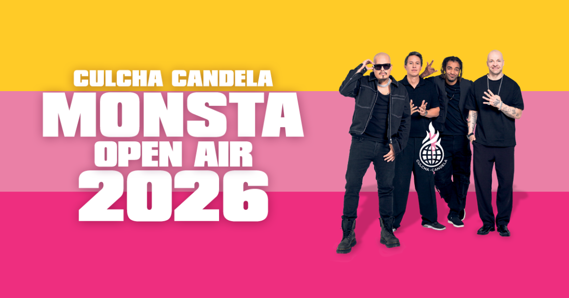 Culcha Candela k&uuml;ndigt das Monsta Open Air 2026 an. Die Bandmitglieder posieren vor einem farbenfrohen Hintergrund mit gelben, rosa und pinken Streifen., &copy; links im Bild