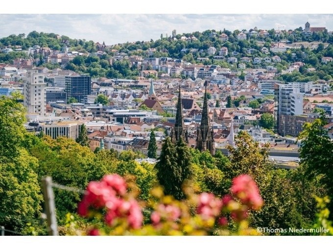 Panoramablick auf Stuttgart mit Kirchtürmen, umgeben von grünen Hügeln und blühenden Blumen im Vordergrund., © Stuttgart Marketing GmbH Panoramablick auf Stuttgart mit Kirchtürmen, umgeben von grünen Hügeln und blühenden Blumen im Vordergrund., © Stuttgart Marketing GmbH