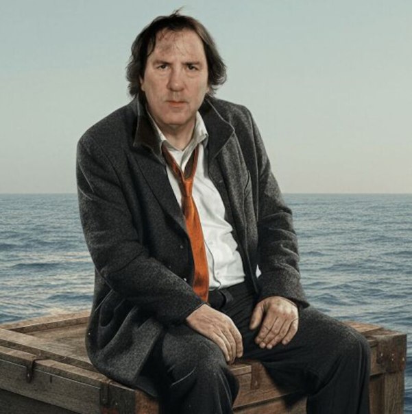 Ein Mann in einem Anzug mit Krawatte sitzt auf einer Holzkiste vor einem Meereshintergrund. Der Himmel ist klar und blau., © Stadthalle Leonberg Ein Mann in einem Anzug mit Krawatte sitzt auf einer Holzkiste vor einem Meereshintergrund. Der Himmel ist klar und blau., © Stadthalle Leonberg