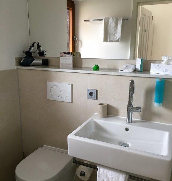 Modernes Badezimmer mit Waschbecken, Spiegel, Toilette und Handtuchhalter. Dezente Dekoration und neutrale Farben., © TOMAS Modernes Badezimmer mit Waschbecken, Spiegel, Toilette und Handtuchhalter. Dezente Dekoration und neutrale Farben., © TOMAS