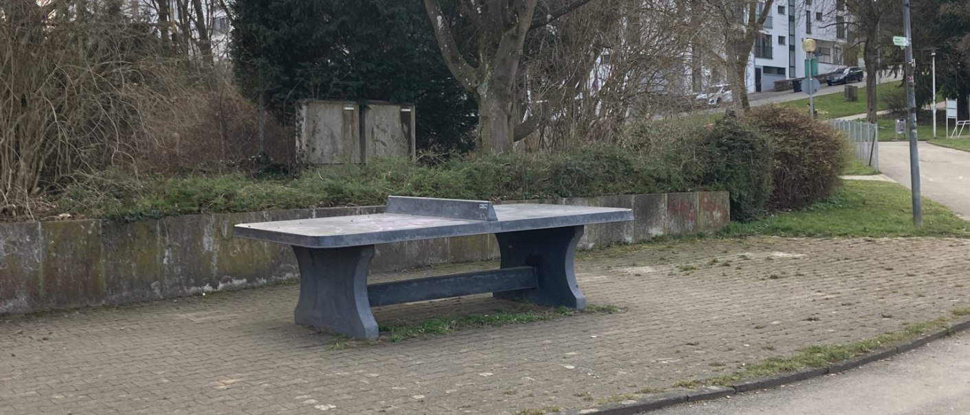 Eine Tischtennisplatte im Galgenbergpark, umgeben von Bäumen und Gehwegen. Im Hintergrund sind Gebäude sichtbar., © Lena Besemer