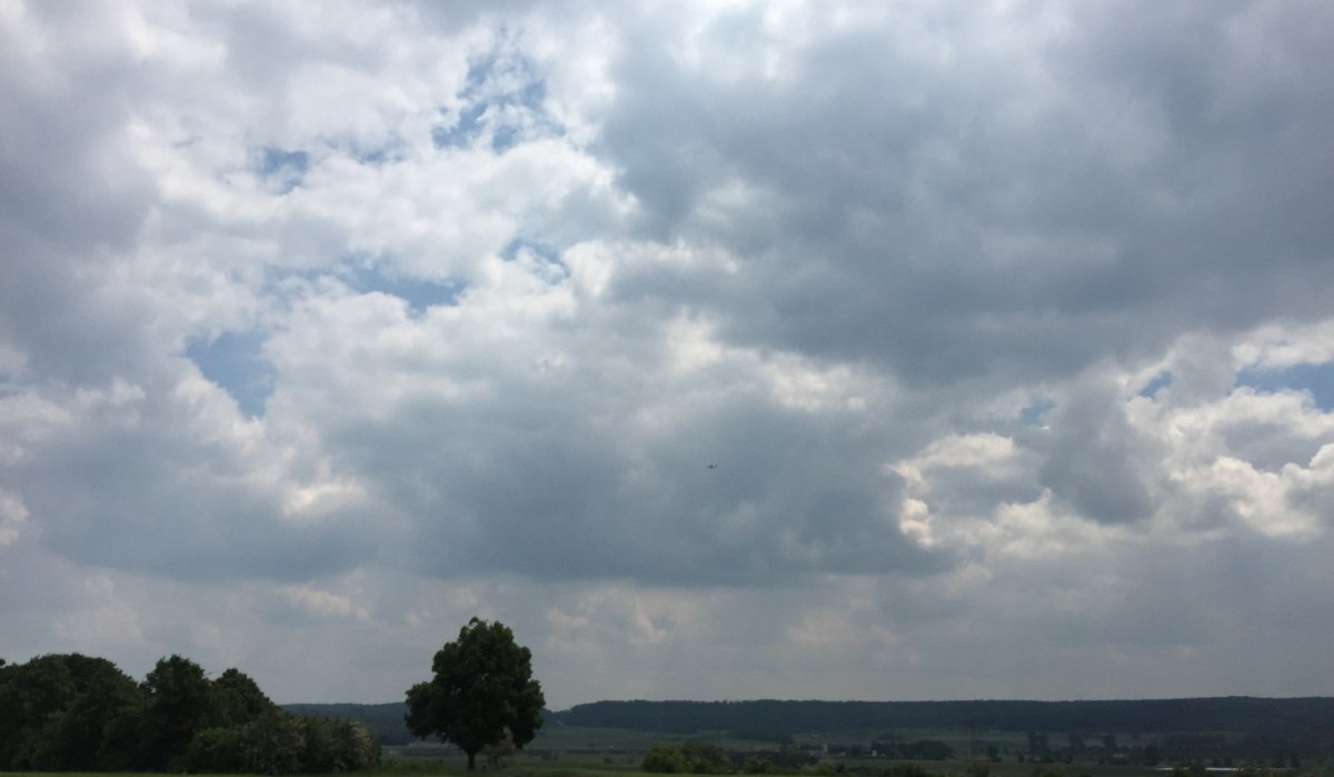 Ein Feldweg führt durch eine grüne Landschaft unter einem bewölkten Himmel. Ein kleines Flugzeug ist am Horizont zu sehen., © www.pro-cycl.de Ein Feldweg führt durch eine grüne Landschaft unter einem bewölkten Himmel. Ein kleines Flugzeug ist am Horizont zu sehen., © www.pro-cycl.de