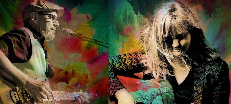 Zwei Musiker spielen Gitarre vor einem farbenfrohen, abstrakten Hintergrund. Links ein Mann mit Hut, rechts eine Frau mit langen Haaren., © Interessengemeinschaft Kultur Sindelfingen / Böblingen e.V. Zwei Musiker spielen Gitarre vor einem farbenfrohen, abstrakten Hintergrund. Links ein Mann mit Hut, rechts eine Frau mit langen Haaren., © Interessengemeinschaft Kultur Sindelfingen / Böblingen e.V.