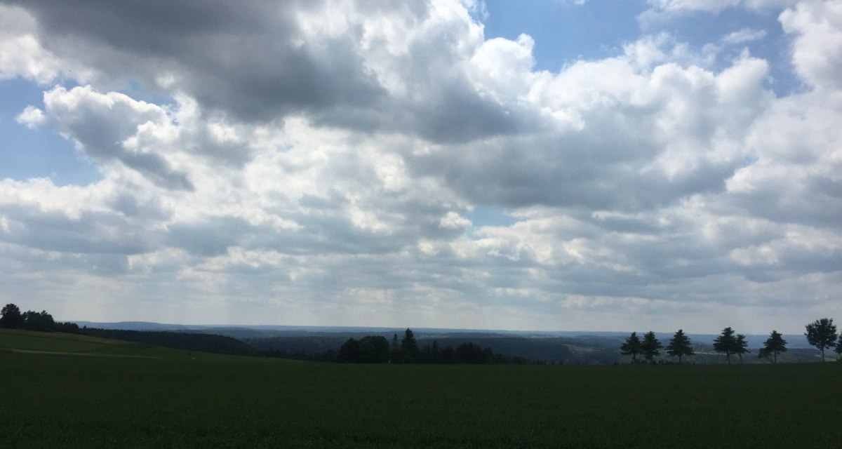 Weite Landschaft mit dunklem Himmel und Wolken. Am Horizont sind Bäume zu sehen, die eine Linie bilden. Die Aussicht wirkt ruhig und weitläufig., © www.pro-cycl.de Weite Landschaft mit dunklem Himmel und Wolken. Am Horizont sind Bäume zu sehen, die eine Linie bilden. Die Aussicht wirkt ruhig und weitläufig., © www.pro-cycl.de