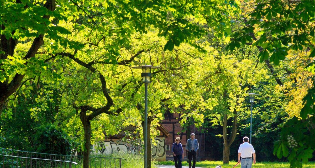 Ein sonniger Parkweg mit Menschen und einem Hund, umgeben von grünen Bäumen. Im Hintergrund ist ein Gebäude zu sehen., © WTM GmbH Waiblingen Ein sonniger Parkweg mit Menschen und einem Hund, umgeben von grünen Bäumen. Im Hintergrund ist ein Gebäude zu sehen., © WTM GmbH Waiblingen