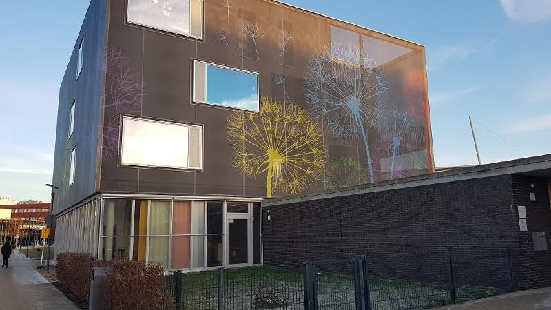 Modernes Gebäude mit großen Fenstern und bunter Löwenzahn-Grafik auf der Fassade. Klare Linien und minimalistisches Design prägen die Architektur., © Stadt Böblingen - Fachstelle für Bürgerschaftliches Engagement