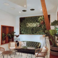 Gemütlicher Raum mit grüner Couch, Rattanmöbeln und Pflanzen. An der Wand ein Schild mit der Aufschrift 'Jiggi's'. Helle, einladende Atmosphäre., © Jiggis Gemütlicher Raum mit grüner Couch, Rattanmöbeln und Pflanzen. An der Wand ein Schild mit der Aufschrift 'Jiggi's'. Helle, einladende Atmosphäre., © Jiggis