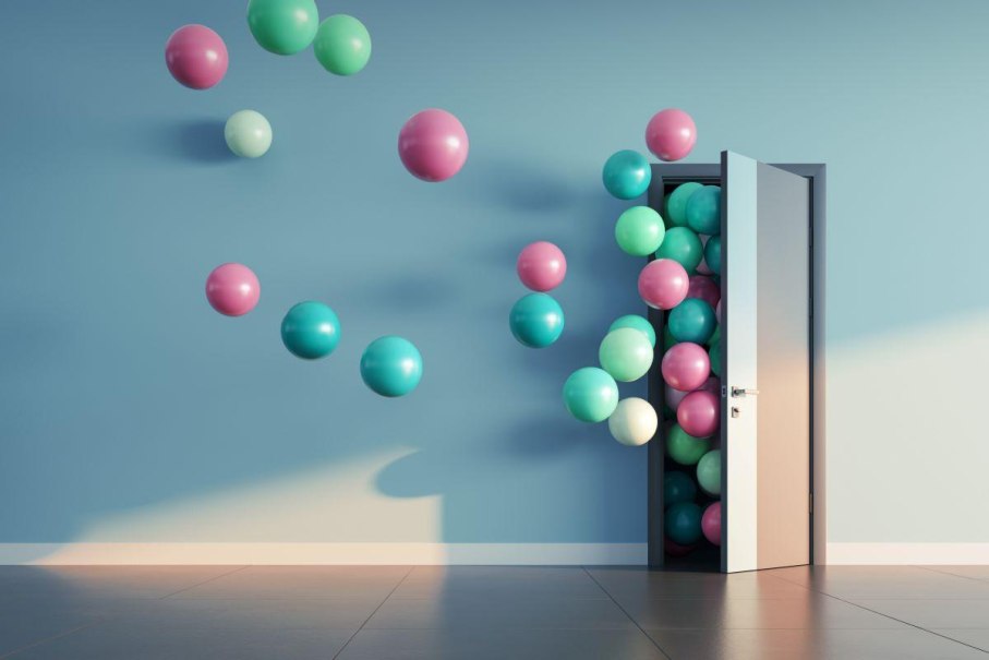 Bunte Bälle schweben aus einer geöffneten Tür in einem leeren Raum mit blauer Wand und Holzboden., © © ouh_desire / stock.adobe.com