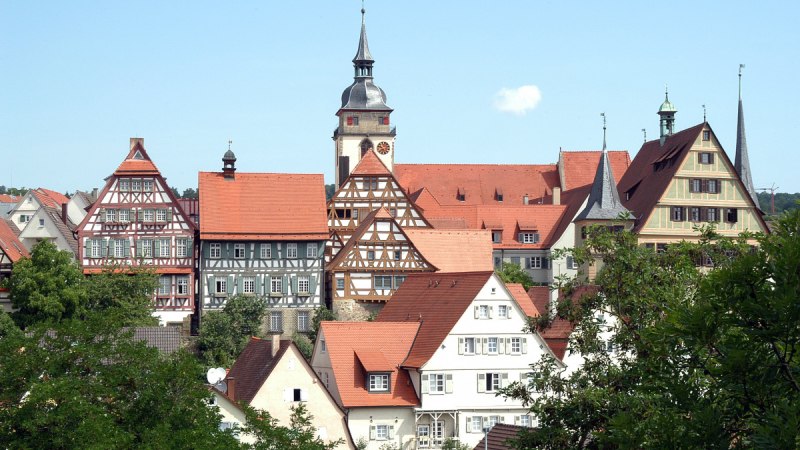 Historische Altstadt mit Fachwerkh&auml;usern und einem Kirchturm, umgeben von gr&uuml;nen B&auml;umen. Der Himmel ist klar und blau., &copy; Land der 1000 H&uuml;gel - Kraichgau-Stromberg