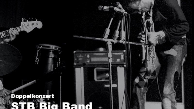 Schwarz-Wei&szlig;-Foto von Miles Davis bei einem Konzert 1971 in B&ouml;blingen. Text informiert &uuml;ber ein Doppelkonzert der STB Big Band und Miles Davis Festival Band., &copy; Stadt Sindelfingen
