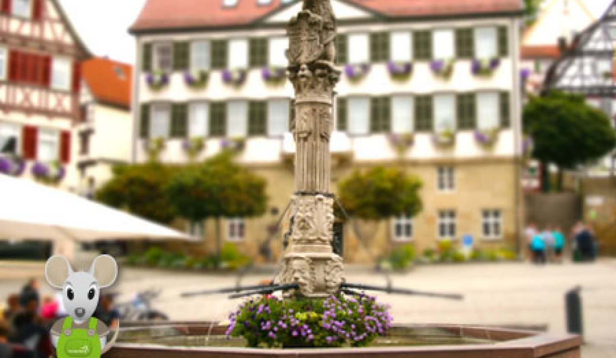Ein verzierter Marktbrunnen steht im Zentrum eines Platzes, umgeben von Fachwerkh&auml;usern. Eine Zeichentrickmaus ist im Vordergrund zu sehen.
