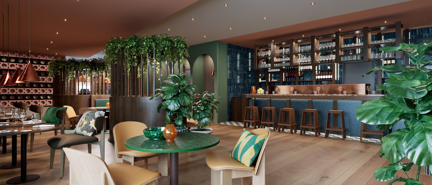Moderne Lounge-Bar mit stilvollen Holzm&ouml;beln, gr&uuml;nen Pflanzen und einer langen Theke. Gem&uuml;tliche Atmosph&auml;re mit warmen Farben und eleganter Beleuchtung., &copy; Scandic Hotels