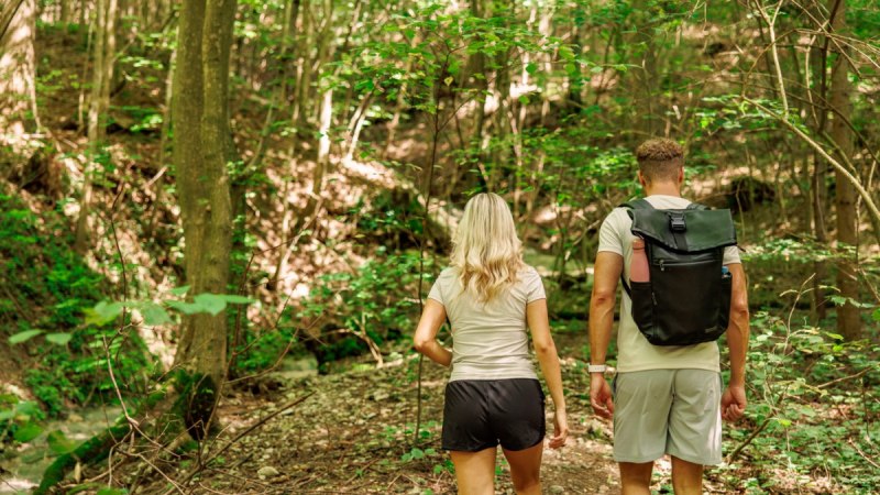 Zwei Personen wandern auf einem schattigen Waldweg. Sie sind von dichtem, grünem Laub umgeben und tragen Freizeitkleidung., © Landkreis Göppingen