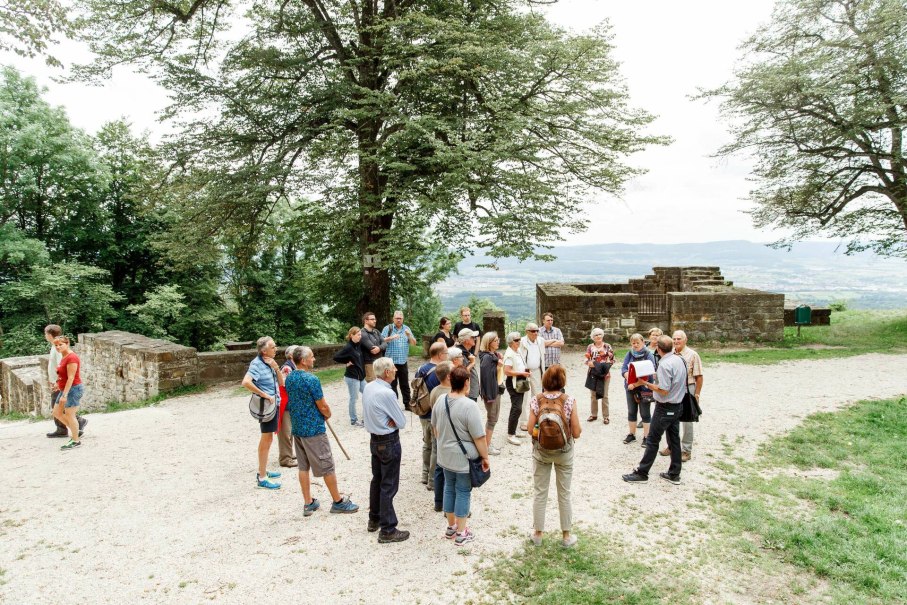 Eine Gruppe von Menschen steht bei einer F&uuml;hrung auf dem Hohenstaufen. Sie sind von B&auml;umen umgeben und h&ouml;ren einem F&uuml;hrer zu.