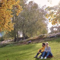 Ein Paar sitzt auf einer Wiese im Rosensteinpark, umgeben von herbstlichen Bäumen und Blumen. Die Sonne scheint durch die Blätter., © SMG, Christoph Düpper Ein Paar sitzt auf einer Wiese im Rosensteinpark, umgeben von herbstlichen Bäumen und Blumen. Die Sonne scheint durch die Blätter., © SMG, Christoph Düpper