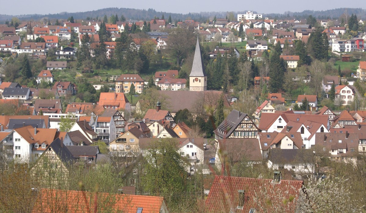 Panoramablick auf Lorch mit zahlreichen Häusern und einer zentralen Kirche. Die Dächer sind überwiegend rot, umgeben von Bäumen und Hügeln im Hintergrund., © Remstal Tourismus e.V.