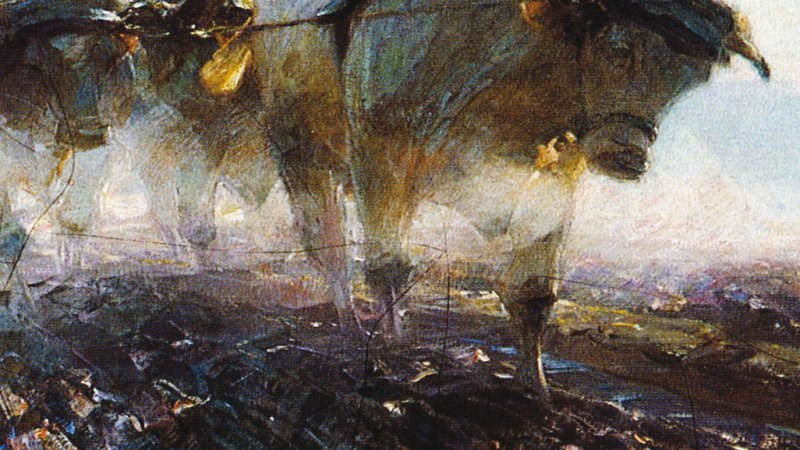 Ein impressionistisches Gem&auml;lde zeigt Ochsen, die ein Feld pfl&uuml;gen. Die Farben sind erdig und die Szene wirkt dynamisch und lebendig.