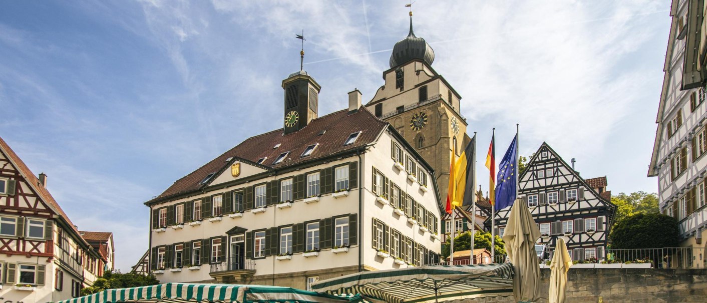 Der Marktplatz in Herrenberg zeigt das historische Rathaus und Fachwerkhäuser unter einem klaren Himmel. Flaggen wehen im Wind., © SMG, Sarah Schmid Der Marktplatz in Herrenberg zeigt das historische Rathaus und Fachwerkhäuser unter einem klaren Himmel. Flaggen wehen im Wind., © SMG, Sarah Schmid