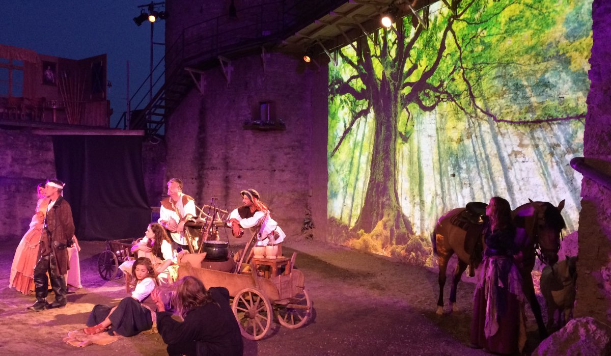 Theaterszene mit Schauspielern in historischen Kostümen vor einer Burgmauer. Ein großer Baum ist auf die Wand projiziert. Ein Pferd steht rechts im Bild., © Touristikgemeinschaft Hohenlohe, Künzelsau / Marion Schlund Theaterszene mit Schauspielern in historischen Kostümen vor einer Burgmauer. Ein großer Baum ist auf die Wand projiziert. Ein Pferd steht rechts im Bild., © Touristikgemeinschaft Hohenlohe, Künzelsau / Marion Schlund