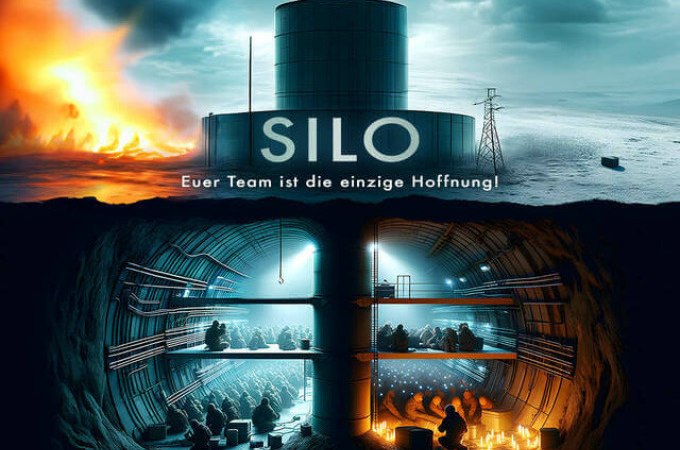 Ein Silo in einer apokalyptischen Landschaft. Darunter Menschen in unterirdischen Ebenen. Text: "Euer Team ist die einzige Hoffnung!", &copy; TeamEscape Stuttgart