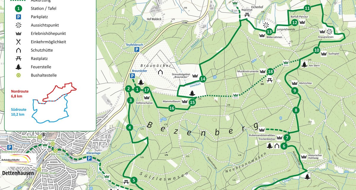 Karte des Herzog-Jäger-Pfads zeigt Wanderwege, Stationen und Sehenswürdigkeiten in einem Waldgebiet bei Waldenbuch und Dettenhausen., © Natur.Nah. Schönbuch & Heckengäu