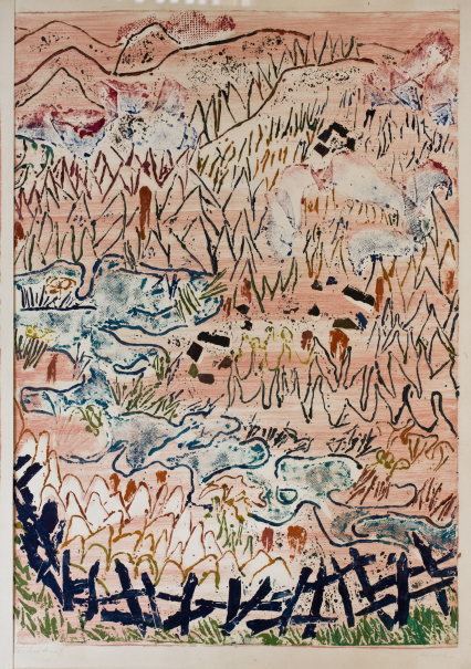 Abstrakte Landschaft mit Bergen, Flüssen und Vegetation in Pastellfarben. Linien und Formen erzeugen eine dynamische Komposition., © VG Bild Kunst, Bonn 2024