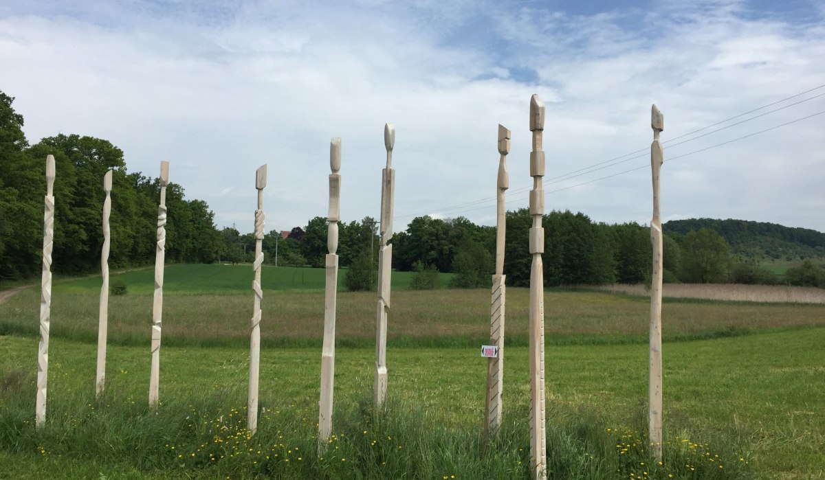 Holzskulpturen stehen in einer Reihe auf einer gr&uuml;nen Wiese. Im Hintergrund sind B&auml;ume und ein bewaldeter H&uuml;gel zu sehen., &copy; www.pro-cycl.de