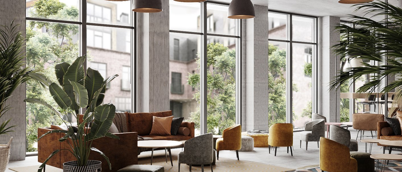 Helle Co-Working-Area mit großen Fenstern, modernen Möbeln und Pflanzen. Gemütliche Sitzgelegenheiten und stilvolle Beleuchtung schaffen eine einladende Atmosphäre., © LOOM Hotel & Skybar Helle Co-Working-Area mit großen Fenstern, modernen Möbeln und Pflanzen. Gemütliche Sitzgelegenheiten und stilvolle Beleuchtung schaffen eine einladende Atmosphäre., © LOOM Hotel & Skybar