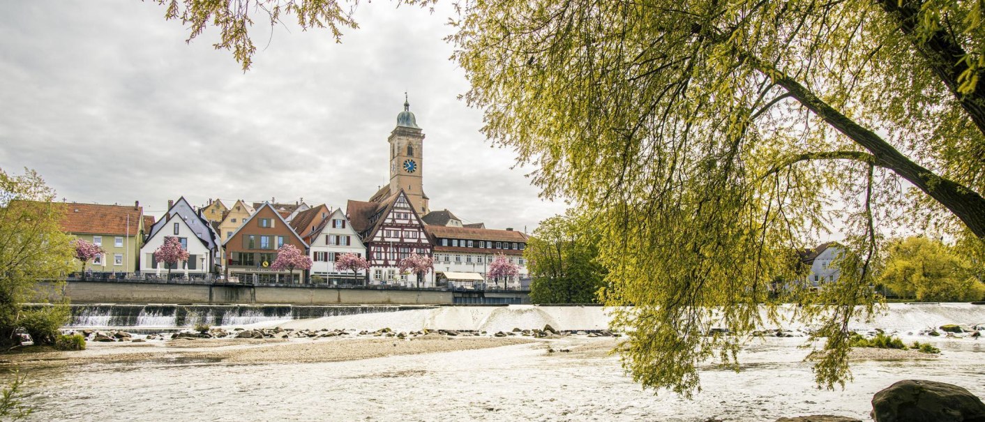 Blick auf Nürtingen mit Fachwerkhäusern und Kirchturm am Fluss. Blühende Bäume und eine Fischtreppe im Vordergrund., © SMG, Sarah Schmid Blick auf Nürtingen mit Fachwerkhäusern und Kirchturm am Fluss. Blühende Bäume und eine Fischtreppe im Vordergrund., © SMG, Sarah Schmid