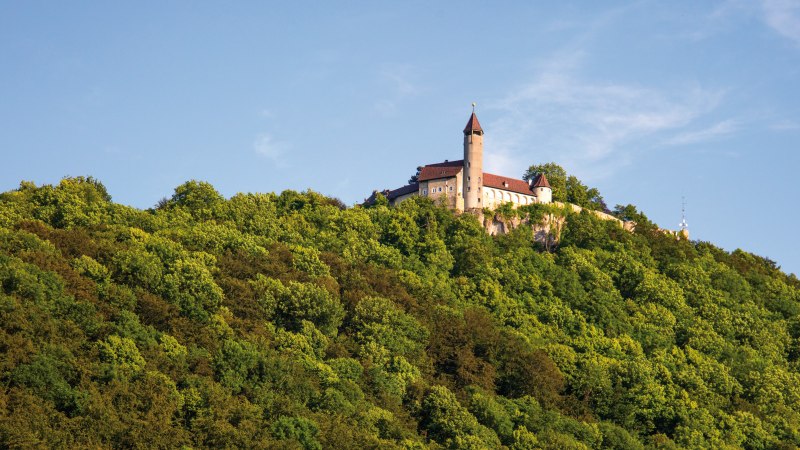Burg Teck thront majestätisch auf einem bewaldeten Hügel, umgeben von dichtem Grün und unter einem klaren blauen Himmel., © SMG Achim Mende