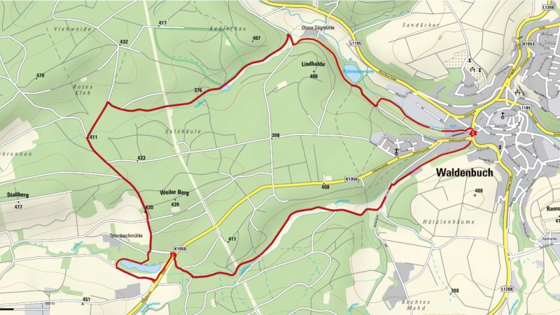 Karte zeigt eine Wanderroute um Waldenbuch, durch W&auml;lder und entlang von Stra&szlig;en. Die Route ist rot markiert und f&uuml;hrt an mehreren markanten Punkten vorbei., &copy; Natur.Nah. Sch&ouml;nbuch & Heckeng&auml;u