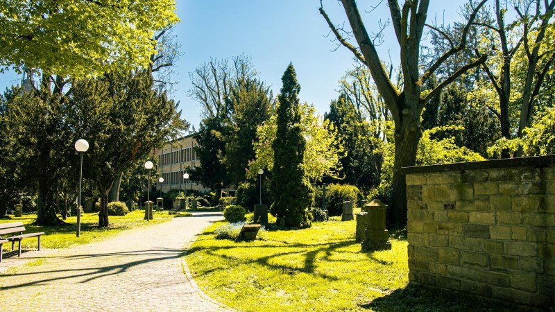 Ein sonniger Friedhof mit gr&uuml;nen B&auml;umen, B&auml;nken und einem gepflasterten Weg. Im Hintergrund ist ein Geb&auml;ude zu sehen., &copy; Stuttgart-Marketing GmbH, Sarah Schmid