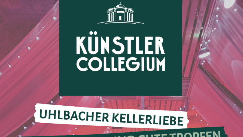 Logo des KünstlerCollegiums mit Text 'Uhlbacher Kellerliebe' und 'Kunst, Kultur und gute Tropfen' auf rotem Hintergrund., © Collegium Wirtemberg