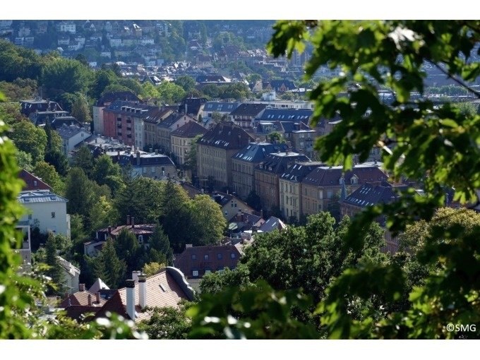 Stadtansicht mit historischen Gebäuden und viel Grün, umrahmt von Bäumen. Im Hintergrund sind Hügel zu sehen., © Stuttgart Marketing GmbH Stadtansicht mit historischen Gebäuden und viel Grün, umrahmt von Bäumen. Im Hintergrund sind Hügel zu sehen., © Stuttgart Marketing GmbH