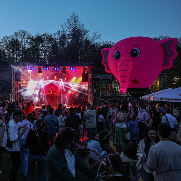 Ein Konzert im Freien bei D&auml;mmerung mit einer bunten B&uuml;hne und einem gro&szlig;en, pinken Elefantenballon. Viele Menschen genie&szlig;en die Musik., &copy; Eventstifter GmbH