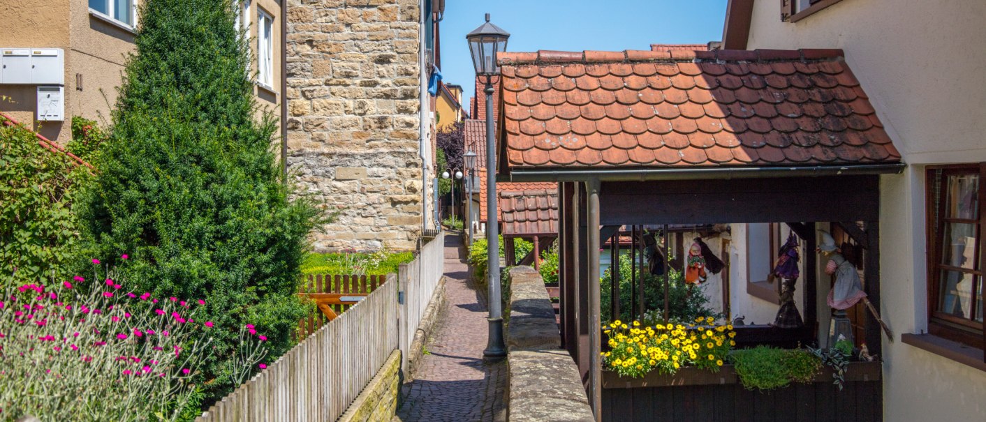 Schmaler Weg in Bietigheim-Bissingen, gesäumt von Häusern mit roten Dächern. Blumen und Dekorationen schmücken den Weg. Sonniger Tag., © Stuttgart-Marketing GmbH, Achim Mende