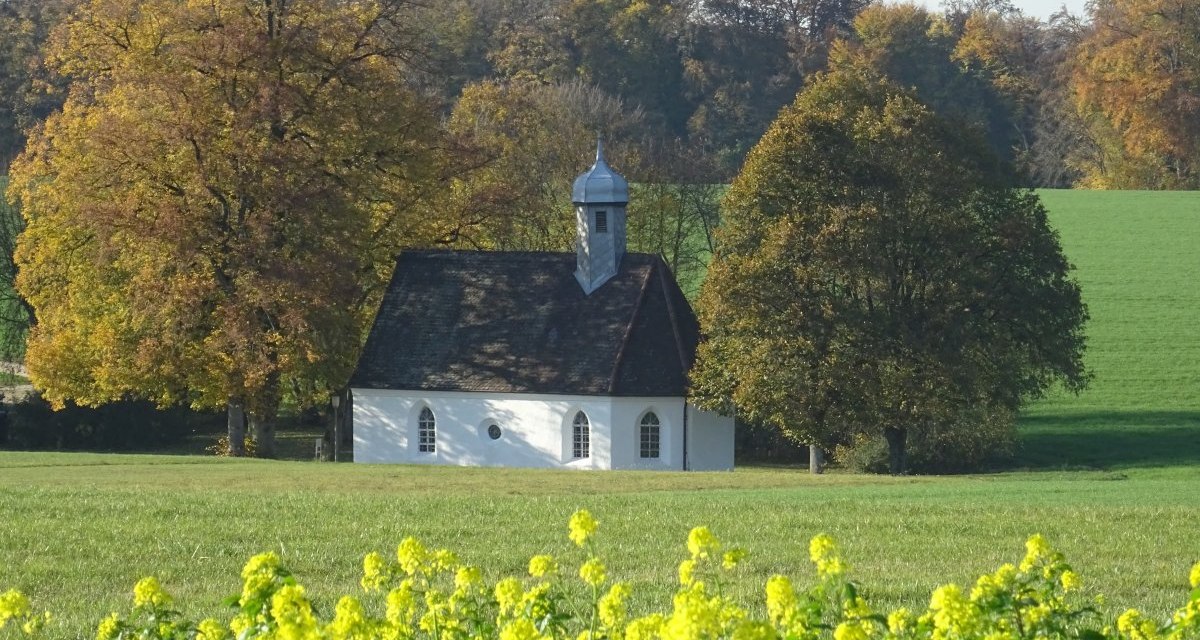 Weiße Kapelle auf grüner Wiese, umgeben von herbstlichen Bäumen und gelben Blumen im Vordergrund., © Foto: Cornelia Steinbach Weiße Kapelle auf grüner Wiese, umgeben von herbstlichen Bäumen und gelben Blumen im Vordergrund., © Foto: Cornelia Steinbach