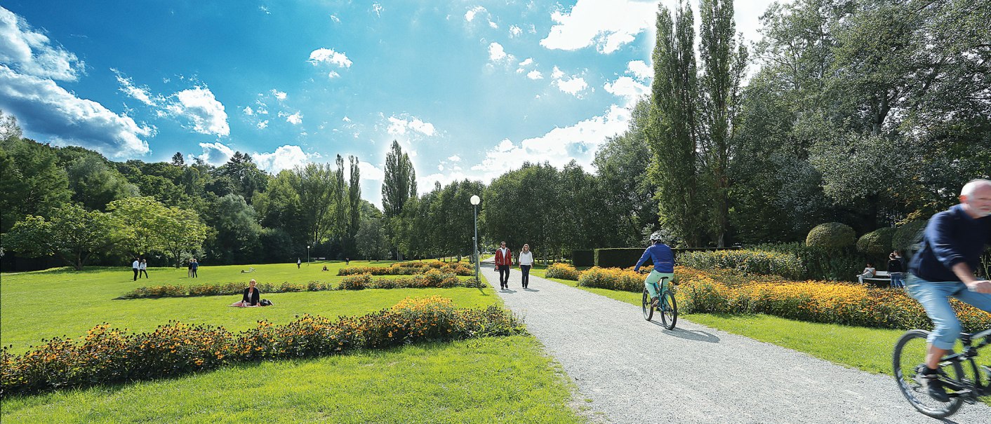 Gr&uuml;ne Wiese im Sommerhofenpark Sindelfingen mit Spazierg&auml;ngern, Radfahrern und Blumenbeeten unter blauem Himmel., &copy; Werberlinge