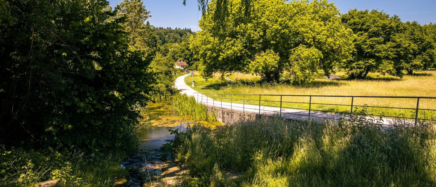 Ein schmaler Weg schlängelt sich durch eine grüne Landschaft mit üppigen Bäumen und einem kleinen Bach. Die Sonne scheint hell., © Stuttgart-Marketing GmbH, Sarah Schmid Ein schmaler Weg schlängelt sich durch eine grüne Landschaft mit üppigen Bäumen und einem kleinen Bach. Die Sonne scheint hell., © Stuttgart-Marketing GmbH, Sarah Schmid