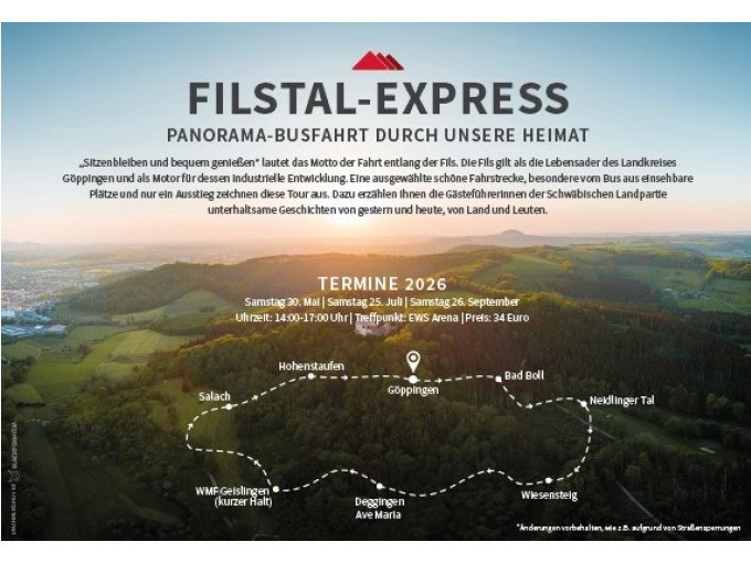 Werbung f&uuml;r den Filstal-Express, eine Panorama-Busfahrt durch die Region G&ouml;ppingen, mit Routenkarte und Terminen f&uuml;r 2026., &copy; Stadt G&ouml;ppingen
