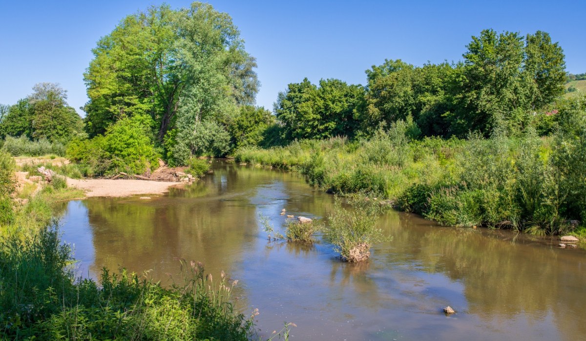Ein Fluss mit üppiger Vegetation an den Ufern, klarem Wasser und blauem Himmel. Die Umgebung wirkt natürlich und friedlich., © Remstal Tourismus e.V. Ein Fluss mit üppiger Vegetation an den Ufern, klarem Wasser und blauem Himmel. Die Umgebung wirkt natürlich und friedlich., © Remstal Tourismus e.V.