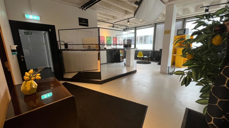 Moderner Empfangsbereich mit Tresen, Stühlen und Pflanzen. Helle Beleuchtung und Dekorationen schaffen eine einladende Atmosphäre., © pause & play Stuttgart