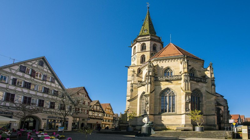 Die Schorndorfer Stadtkirche im Sonnenlicht, umgeben von Fachwerkhäusern und einem klaren blauen Himmel., © SMG, Sarah Schmid