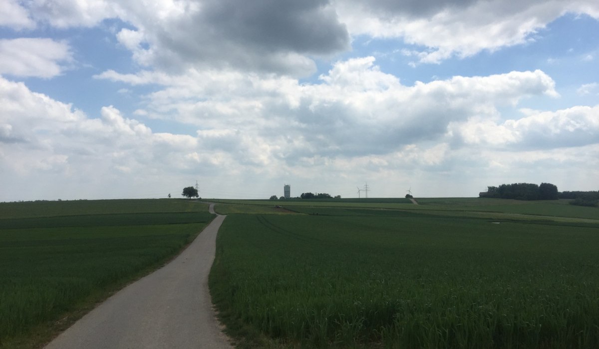 Ein schmaler Weg führt durch grüne Felder zu einem Wasserturm und Windrädern am Horizont, unter einem bewölkten Himmel., © www.pro-cycl.de Ein schmaler Weg führt durch grüne Felder zu einem Wasserturm und Windrädern am Horizont, unter einem bewölkten Himmel., © www.pro-cycl.de