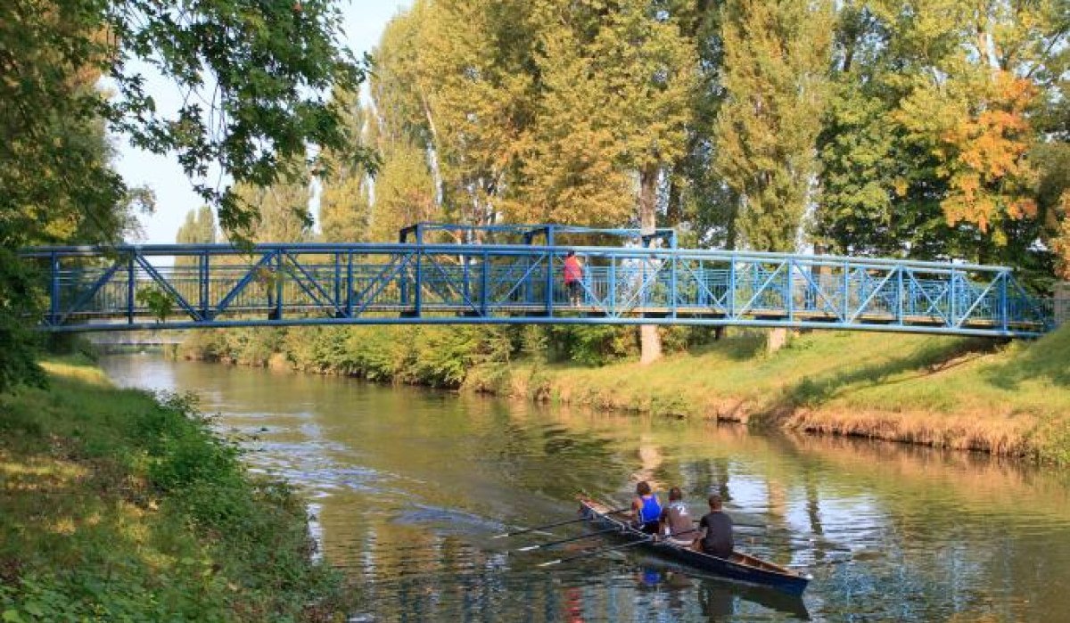 Zwei Ruderer auf einem Fluss unter einer blauen Brücke, umgeben von grünen Bäumen und Wiesen., © Waiblingen - Stuttgart-Marketing GmbH Zwei Ruderer auf einem Fluss unter einer blauen Brücke, umgeben von grünen Bäumen und Wiesen., © Waiblingen - Stuttgart-Marketing GmbH