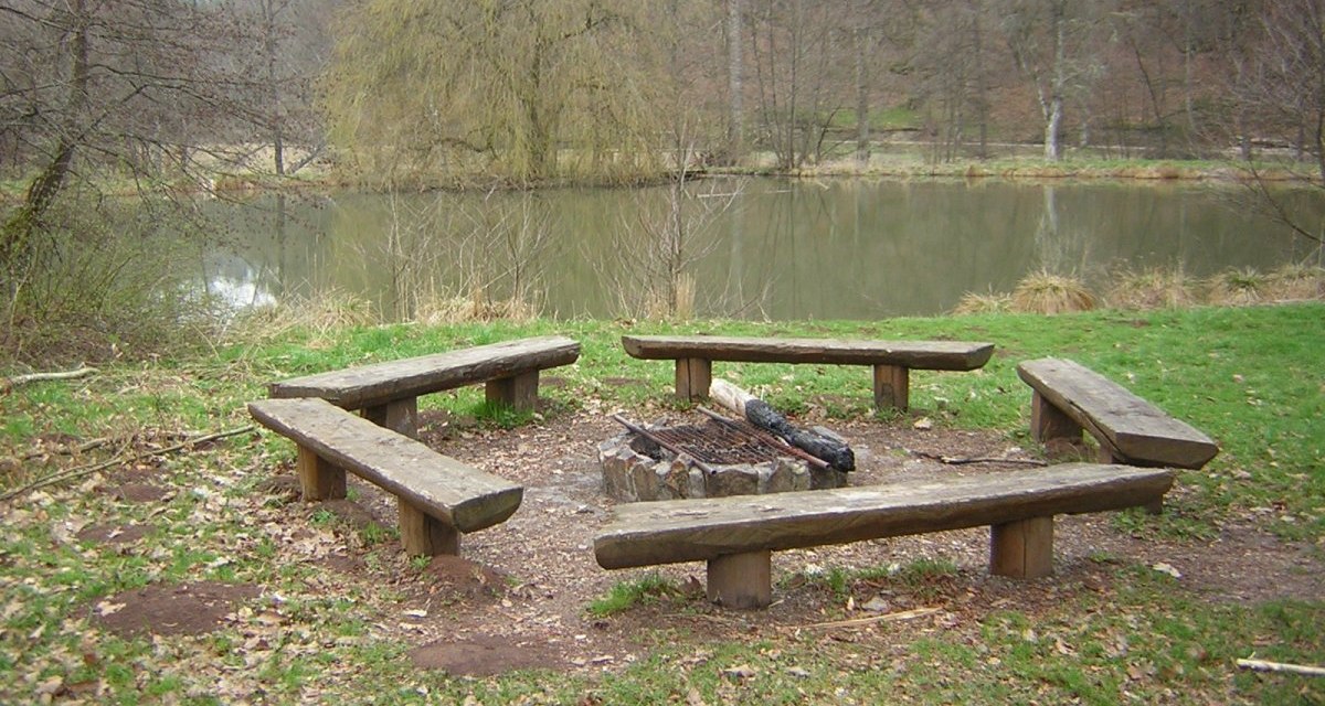 Holzbänke umgeben eine Feuerstelle in einem Waldgebiet, nahe einem ruhigen Teich. Die Umgebung ist herbstlich mit Laub auf dem Boden., © Naturpark Schönbuch Holzbänke umgeben eine Feuerstelle in einem Waldgebiet, nahe einem ruhigen Teich. Die Umgebung ist herbstlich mit Laub auf dem Boden., © Naturpark Schönbuch