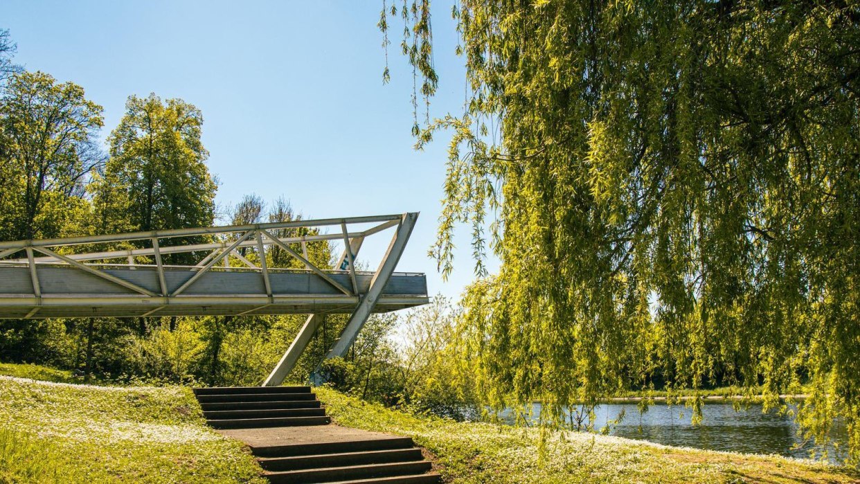Eine moderne Brücke erstreckt sich über einen Fluss, umgeben von üppigem Grün und Bäumen unter einem klaren blauen Himmel., © Stuttgart-Marketing GmbH, Sarah Schmid Eine moderne Brücke erstreckt sich über einen Fluss, umgeben von üppigem Grün und Bäumen unter einem klaren blauen Himmel., © Stuttgart-Marketing GmbH, Sarah Schmid