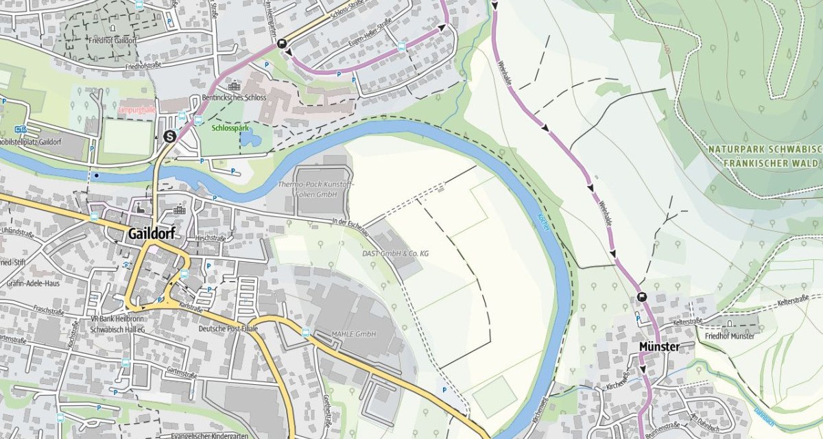 BikeTouren - Umleitung während Sperrung der Kocherbrücke B19 bei Münster, © OpenStreetMap
